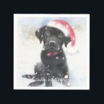 Black Lab Puppy with Christmas Santa hat Custom Napkin<br><div class="desc">Super cute holiday paper napkins featuring a watercolor rendering of a Black Lab Puppy  in the snow,  wearing a Santa hat. Perfect for the winter Christmas holidays - guaranteed smiles from dog lovers and Labrador moms and dads.</div>