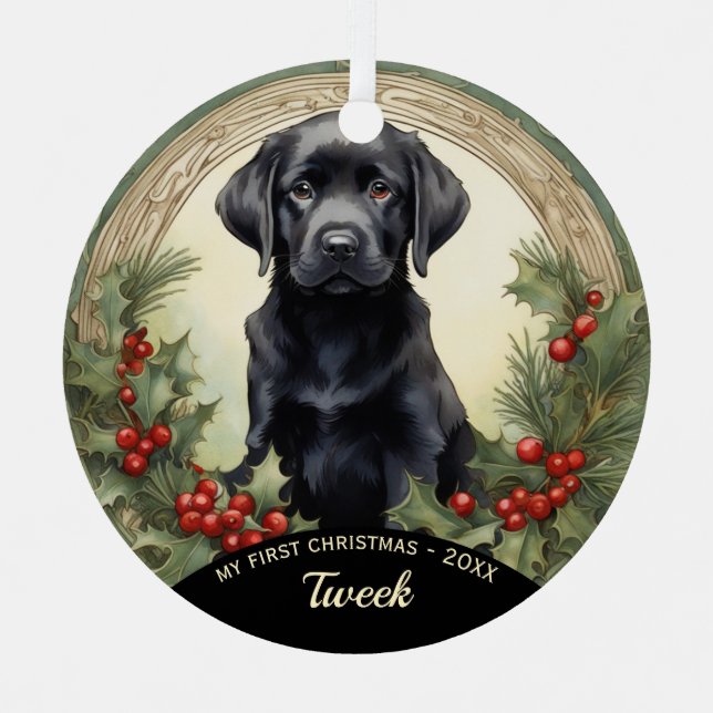 Black Lab Puppy's First Christmas Metal Ornament (Front)