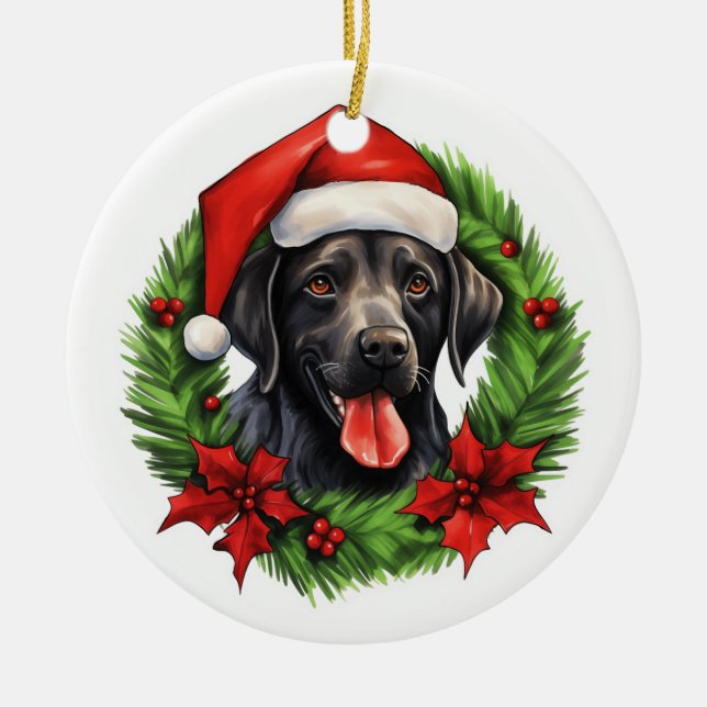 Black lab retriever holiday wreath ceramic tree decoration (Front)