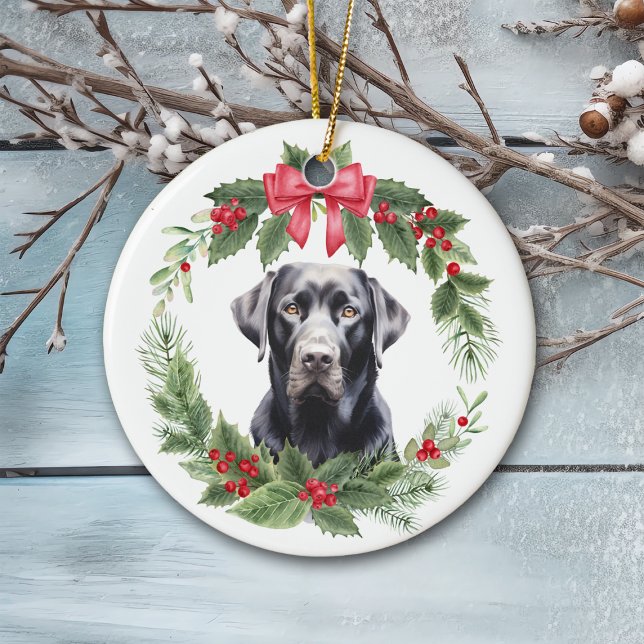 Black Lab Retriever Red Bow Holly Wreath Ceramic Tree Decoration (Creator Uploaded)