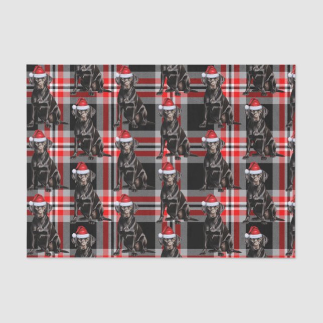 Black Lab Santa Dog on Plaid Christmas Holiday Tissue Paper (Front)