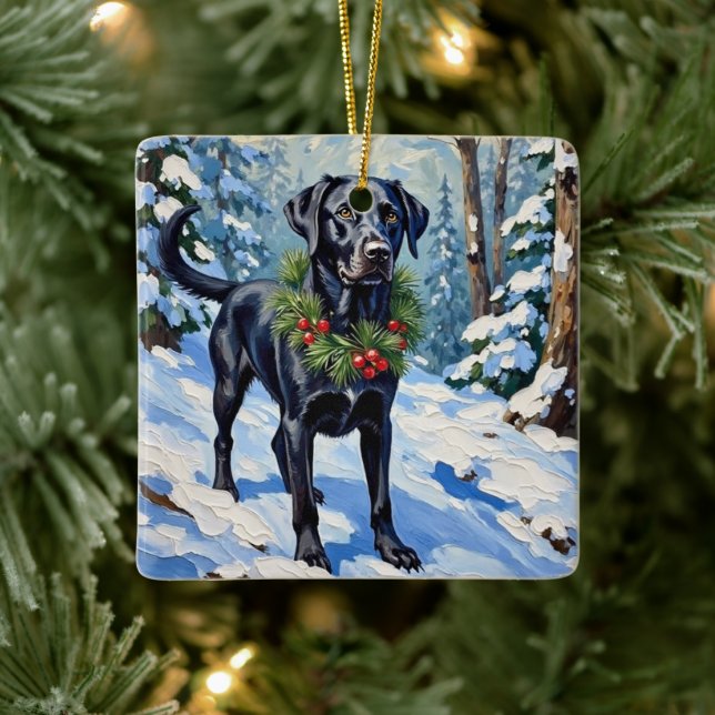 Black Lab Serene Winter Forest Christmas Holiday Ceramic Ornament (Tree)