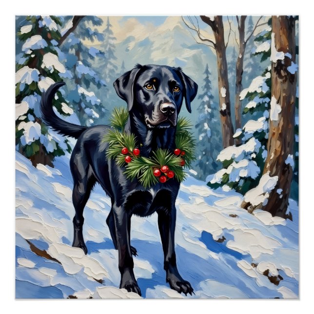 Black Lab Serene Winter Forest Christmas Holiday Poster (Front)