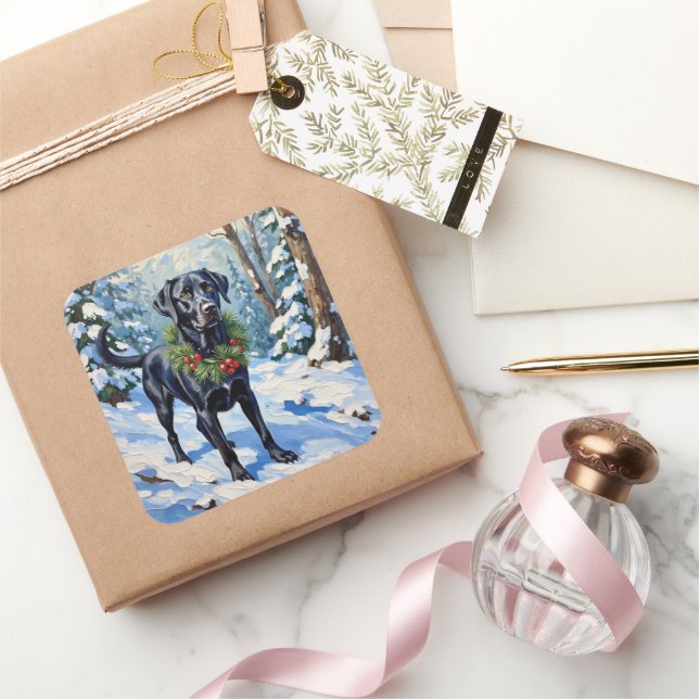 Black Lab Serene Winter Forest Christmas Holiday Square Sticker (Gifting)
