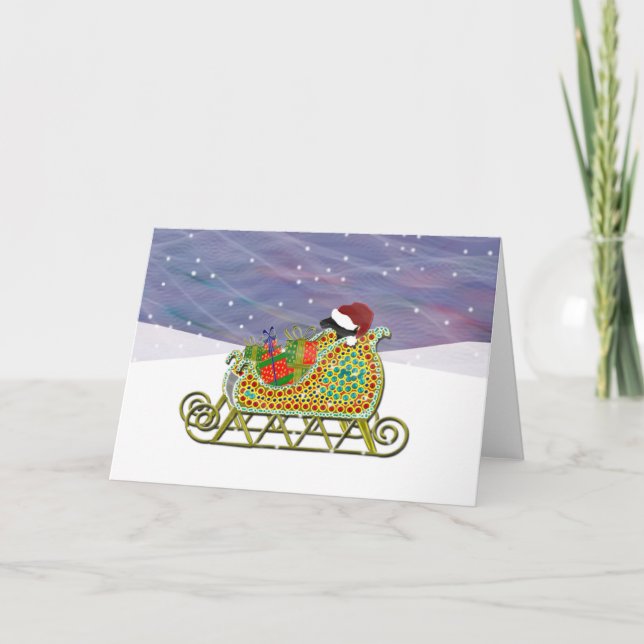 Black Lab Sleigh Hat Gifts Holiday Card (Front)