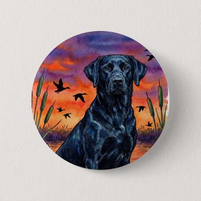 Black Lab Sunset Duck Hunting Pinback Button (Front)