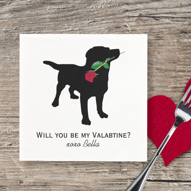 Black Lab Valentine Dog holding Red Rose Napkin (Creator Uploaded)