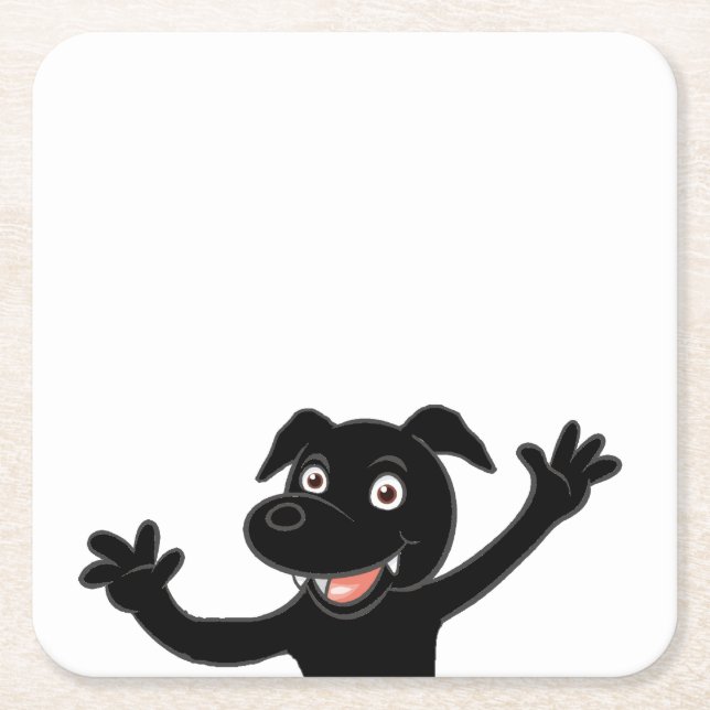 black lab waving cartoon square paper coaster (Front)