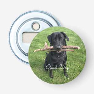 Black Lab with two sticks Dog Photo and Name Bottle Opener