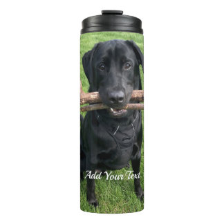 Black Lab with two sticks Pet Dog Photo and Name Thermal Tumbler