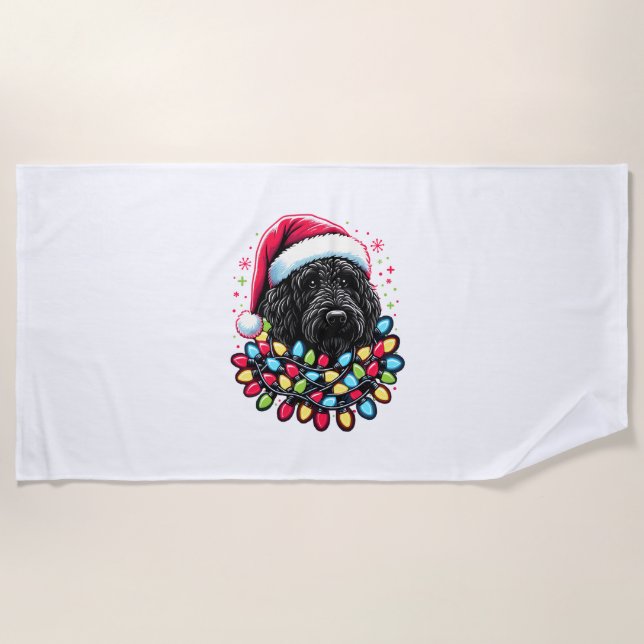 Black Labradoodle Christmas Tree Xmas Lights Doodl Beach Towel (Front)