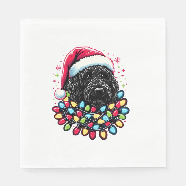Black Labradoodle Christmas Tree Xmas Lights Doodl Napkin (Front)