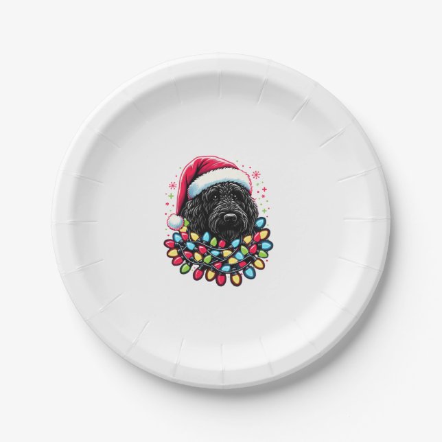 Black Labradoodle Christmas Tree Xmas Lights Doodl Paper Plate (Front)