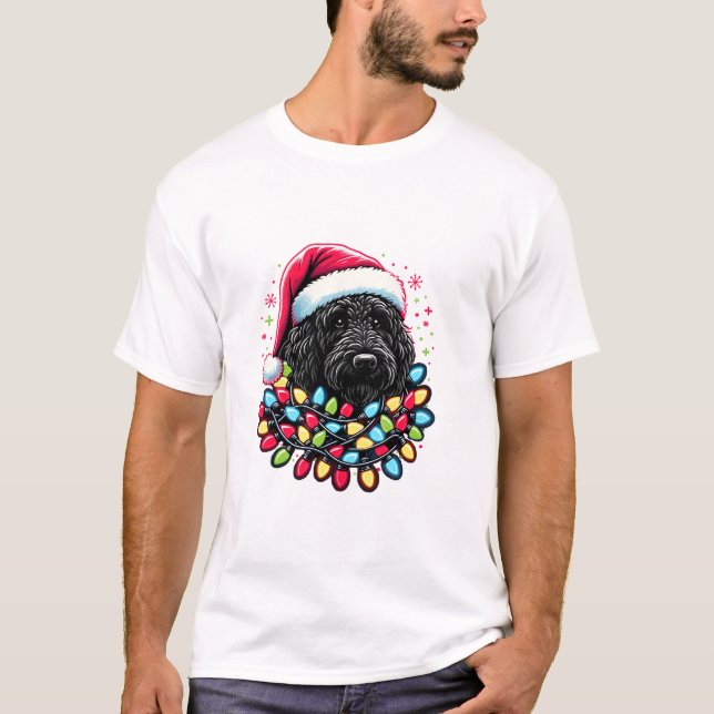 Black Labradoodle Christmas Tree Xmas Lights Doodl T-Shirt (Front)
