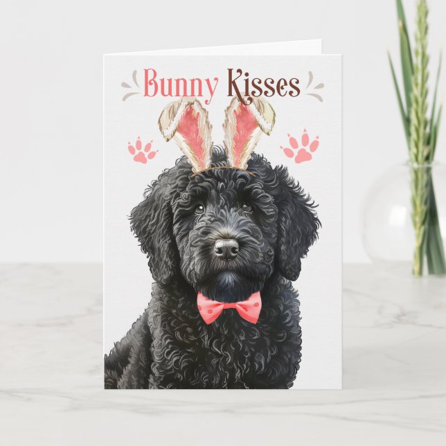 Black Labradoodle Dog in Bunny Ears for Easter Holiday Card (Front)