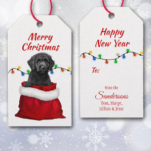 Black Labradoodle Dog in Santa Bag Gift Tags