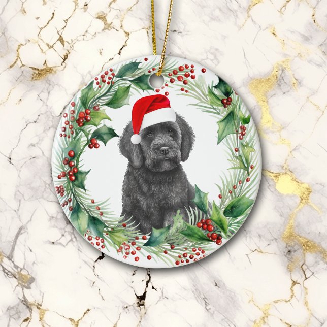  Black Labradoodle Puppy Holly Wreath Christmas Ceramic Tree Decoration (Creator Uploaded)
