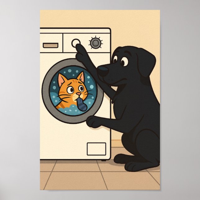 Black Labrador and Cat Laundry Room Humor Poster  (Front)