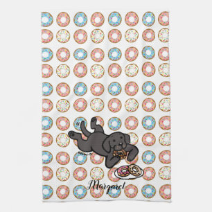 Black Labrador and Doughnuts Tea Towel