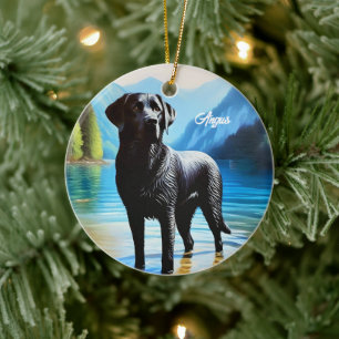 Black Labrador and Lake Ceramic Tree Decoration