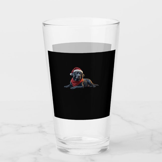 Black Labrador at Christmas in Santa Hat and Scarf Glass (Front)