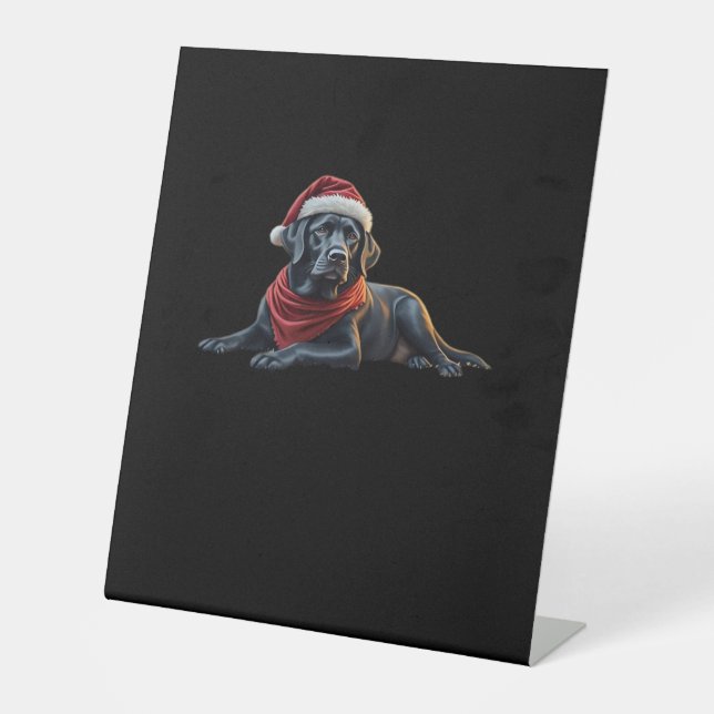 Black Labrador at Christmas in Santa Hat and Scarf Pedestal Sign (Front)