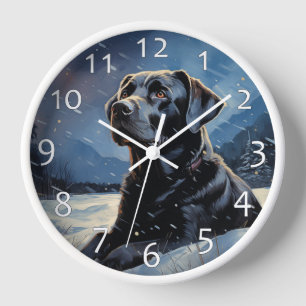 Black Labrador at winter night Clock