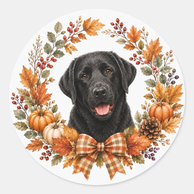 Black Labrador Autumn Wreath Classic Round Sticker (Front)
