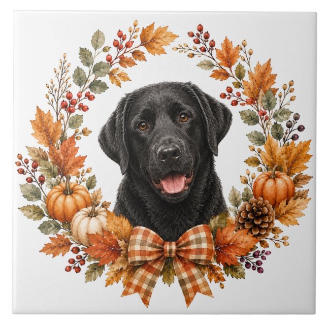 Black Labrador Autumn Wreath Tile (Front)