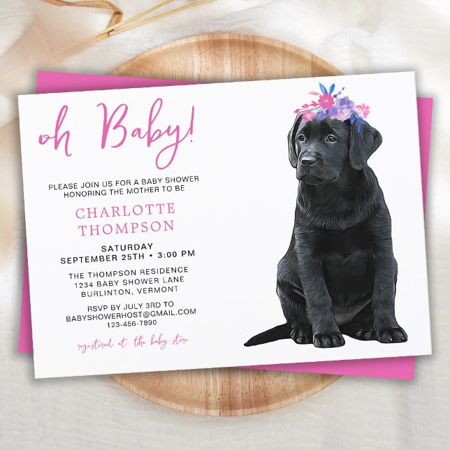 Black Labrador Baby Shower Puppy Dog Pink Girl Invitation (Creator Uploaded)