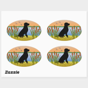 Black Labrador Bird Dog Sunset Oval Sticker