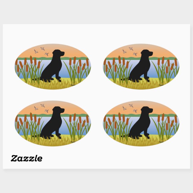 Black Labrador Bird Dog Sunset Oval Sticker (Sheet)