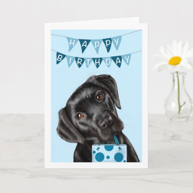 Black Labrador Blue Birthday Card (Small Plant)