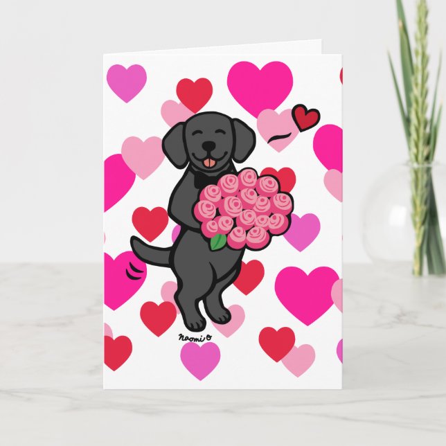 Black Labrador Cartoon Roses Valentine Holiday Car Card (Front)