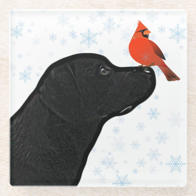 Black Labrador Christmas and Cardinal Glass Coaster (Front)