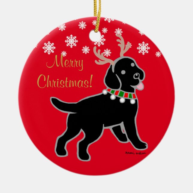 Black Labrador Christmas Antlers Ceramic Tree Decoration (Front)