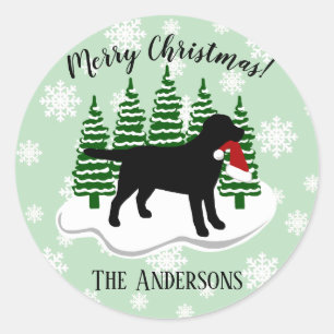 Black Labrador Christmas Evergreen Snowflakes Classic Round Sticker