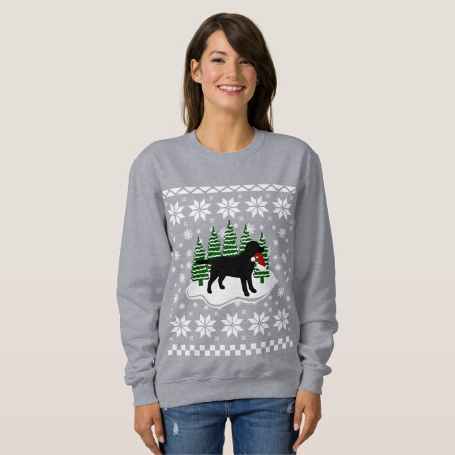 Black Labrador Christmas Evergreen Snowflakes Sweatshirt (Front Full)