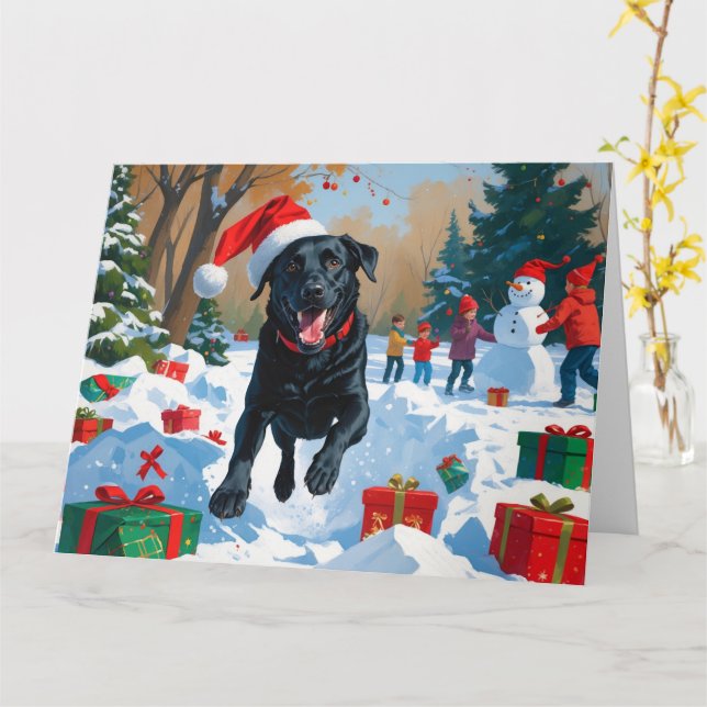 Black Labrador Christmas Festive Snow Scene  Card (Yellow Flower)