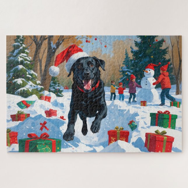Black Labrador Christmas Festive Snow Scene  Jigsaw Puzzle (Horizontal)