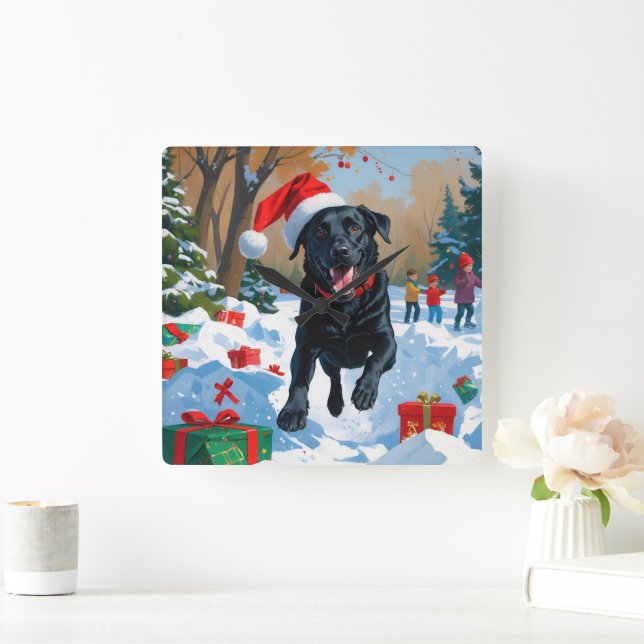 Black Labrador Christmas Festive Snow Scene  Square Wall Clock (Home)