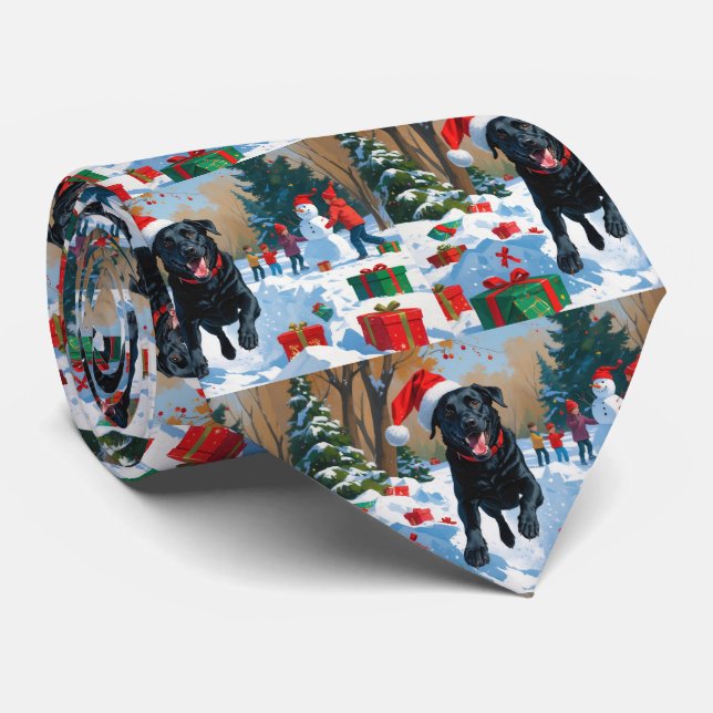 Black Labrador Christmas Festive Snow Scene  Tie (Rolled)