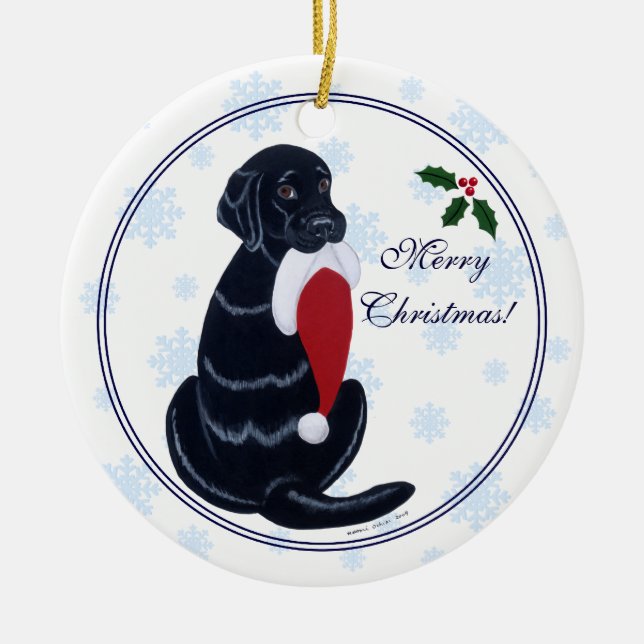 Black Labrador Christmas Santa Hat Snowflake Ceramic Tree Decoration (Front)