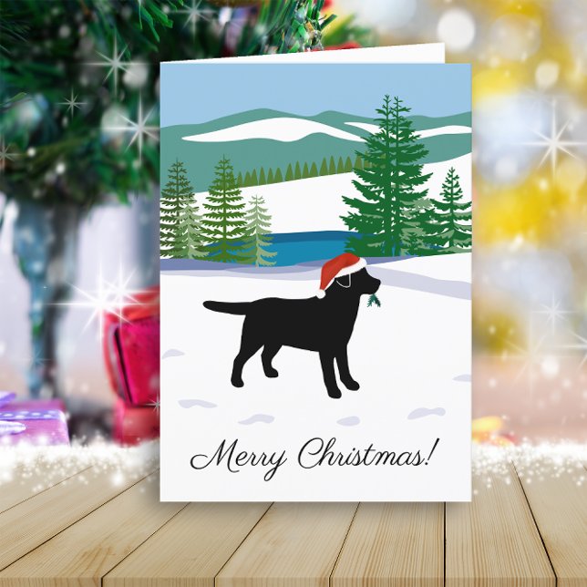 Black Labrador Christmas Winter View Holiday Card (Black Labrador Winter View Design Christmas Cards for Labrador Owners.  Dog Silhouette Design.)