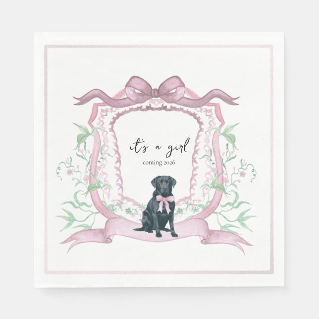 Black Labrador Coquette Pink Customisable Crest  Napkin (Front)