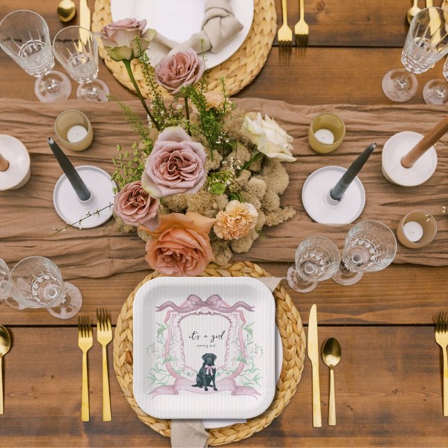 Black Labrador Coquette Pink Customisable Crest  Paper Plate (Creator Uploaded)