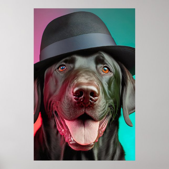 Black Labrador Dog in Fedora Hat Colourful Vibrant Poster (Front)