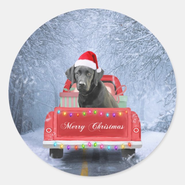 Black Labrador Dog in Snow sitting in Christmas  Classic Round Sticker (Front)