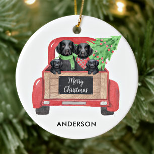 Black Labrador Dog Personalise Red Christmas Truck Ceramic Tree Decoration