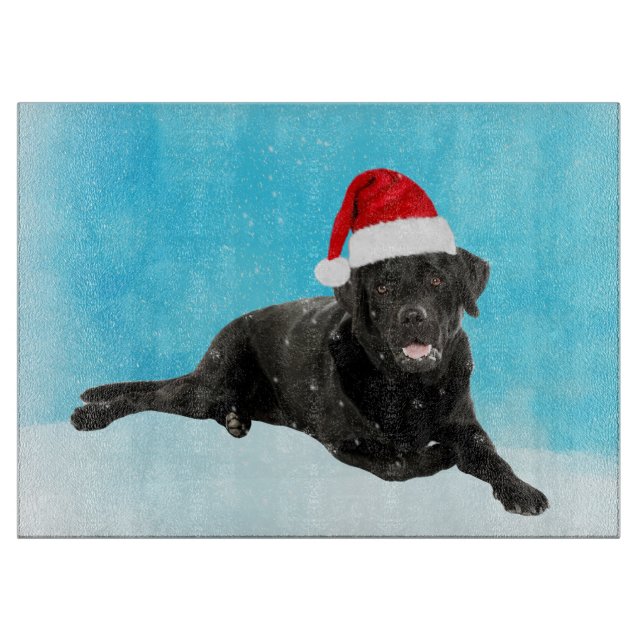Black Labrador Dog Sitting in Snow Christmas Cutting Board (Front)